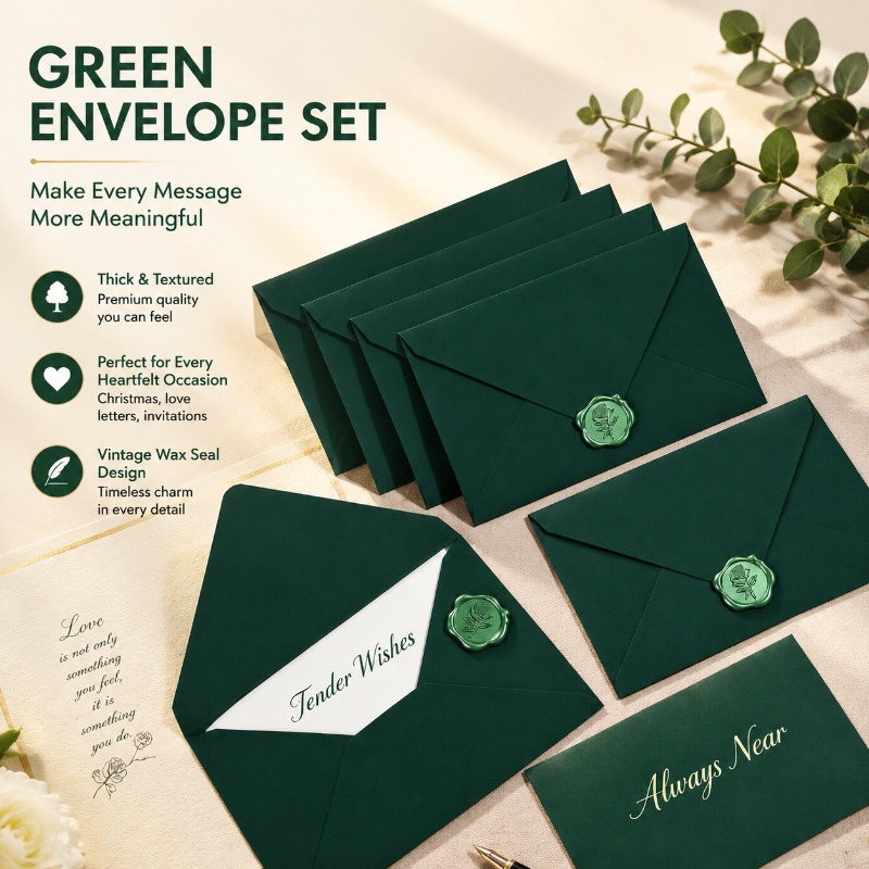 Wax Seal Letter Kit - Amplop Hijau Bertekstur Tebal, Nuansa Premium,